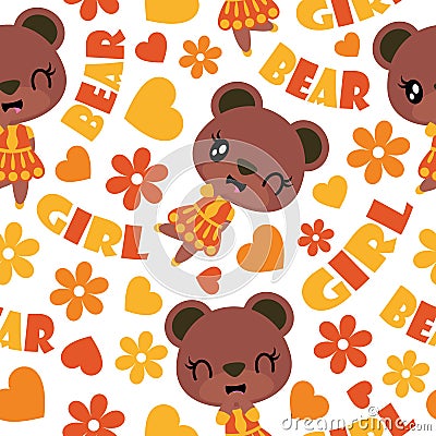 Seamless pattern of cute bear, flower and heart cartoon illustration for kid wrapping paper Cartoon Illustration