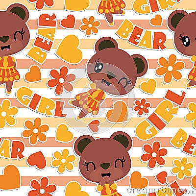 Seamless pattern of cute bear, flower and heart on striped background cartoon illustration for kid wrapping paper Cartoon Illustration