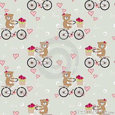 Seamless pattern of cute bear ride a bike in Valentine background Vector Illustration