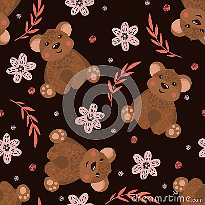 Seamless pattern with cute bears on black Vector Illustration