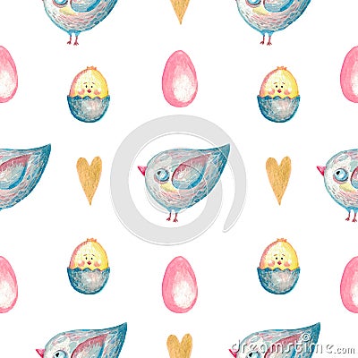 Seamless pattern cute bird egg chicken heart on white isolated background Watercolor illustration of Easter Cartoon Illustration