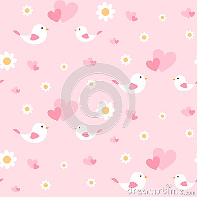 Seamless pattern with cute bird, little white flowers and pink hearts. Vector Illustration