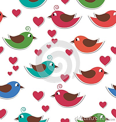 Seamless pattern with cute birds and hearts isolated on white Vector Illustration