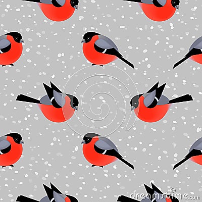 Seamless pattern with cute bullfinches in winter Vector Illustration