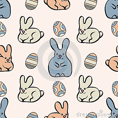 Seamless pattern with cute bunnies and Easter eggs. Easter background. Vector EPS10 Stock Photo