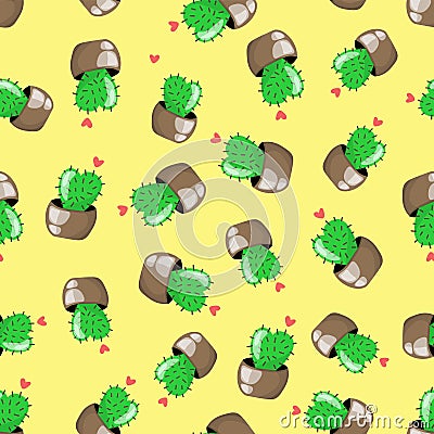 Seamless pattern with cute cacti and hearts, in green, pink, brown and yellow colors. Vector Illustration