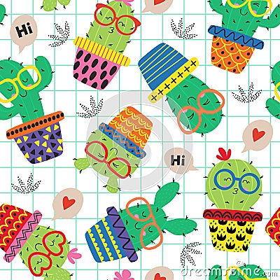 Seamless pattern with cute cactus in glasses Vector Illustration