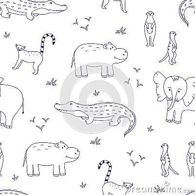 Seamless pattern with cute cartoon animals of Africa. Vector illustration background, wallpaper hippo crocodile elephant Vector Illustration