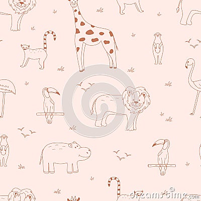 Seamless pattern with cute cartoon animals of Africa. Vector illustration background, wallpaper lemur giraffe lion Vector Illustration