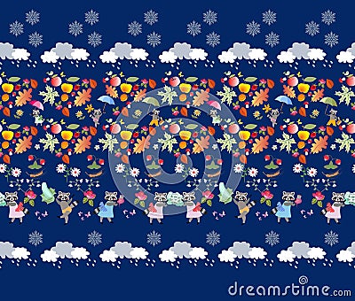 Seamless pattern with cute cartoon animals, autumn leaves, mushrooms, berries and fruits, vegetables, clouds with rain drops Vector Illustration