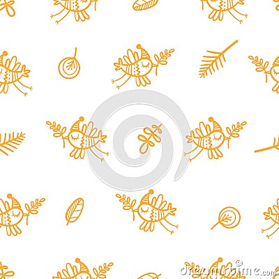 Seamless pattern with cute cartoon birds on white background. Autum time. Funny animals. Vector Illustration