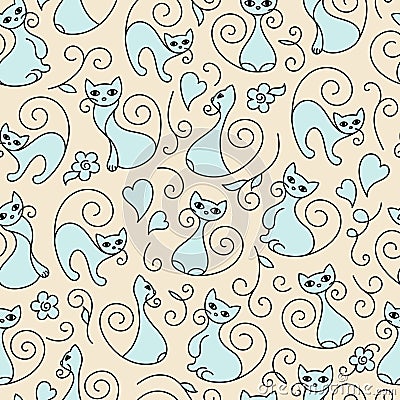 Seamless pattern of cute cartoon cats curls lines. Vector Illustration