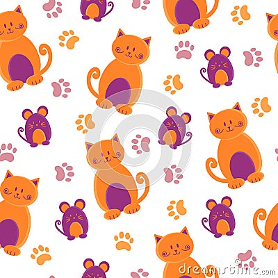 Seamless pattern with cute cartoon cats, mice and paws. Vector Illustration