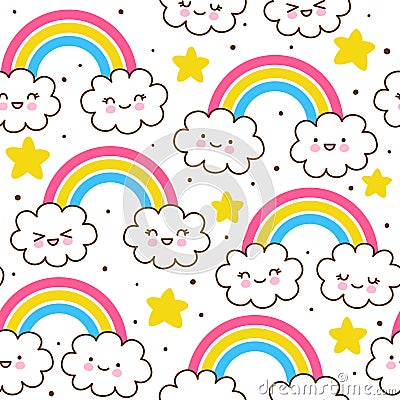 Seamless pattern with cute cartoon clouds with rainbows and stars Vector Illustration