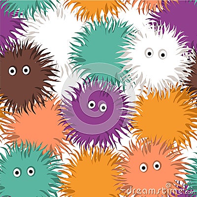 Seamless pattern with cute cartoon colorful fluffy round characters. Stock Photo