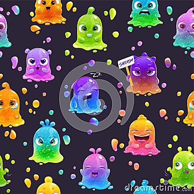 Seamless pattern with cute cartoon colorful slimy characters and blobs. Vector Illustration