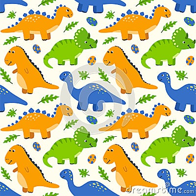 Seamless pattern with cute cartoon dinosaurs and eggs. Kids background with hand-drawn dinos and green palm leaves Vector Illustration