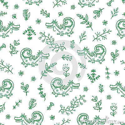 Seamless pattern with cute cartoon dinosaurs and plants on white background. Floral print. Funny dragons in the meadow. Vector Illustration