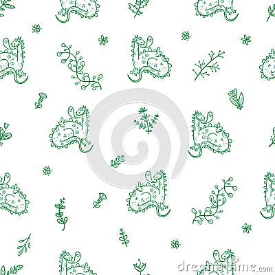 Seamless pattern with cute cartoon dinosaurs and plants on white background. Floral print. Funny dragons in the meadow. Herbal. Vector Illustration