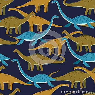 Seamless pattern with cute cartoon doodle dinosaurs, diplodocus, giraffe titan and plesiosaur. Adorable children design. Vector Illustration