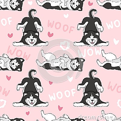 Seamless pattern with cute cartoon drawing dogs husky or alaskan malamute, funny adorable pets, on pink background with hearts, Vector Illustration