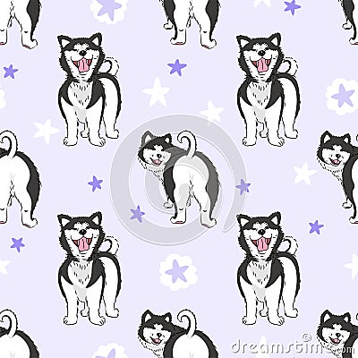 Seamless pattern with cute cartoon drawing dogs husky or alaskan malamute, funny adorable pets, on purple background with stars, Vector Illustration