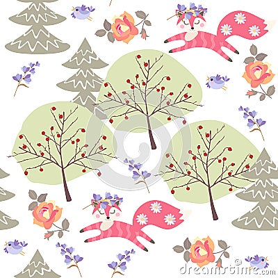 Seamless pattern with cute cartoon foxes in summer forest. Fir trees, rose and bell flowers isolated on white background in vector Vector Illustration