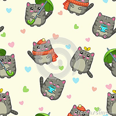 Seamless pattern with cute cartoon grey cats Stock Photo