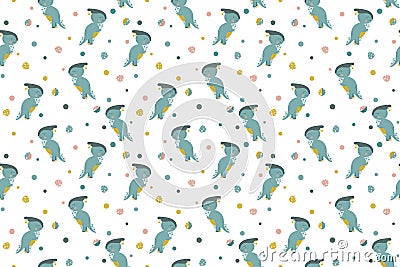 Seamless pattern of cute cartoon joyful parasaurolophus standing on its hind legs in profile, monstera leaves and circles. Repeati Vector Illustration