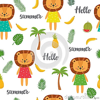 Seamless pattern with cute cartoon little lion. Children background. Cartoon baby animals. Design for textile, fabric or decor Vector Illustration