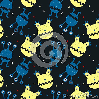 Seamless pattern with cute cartoon monster and stars and moon. Modern flat design. Vector Illustration