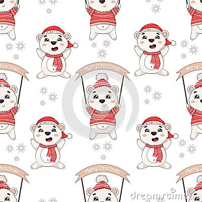 Seamless pattern with cute cartoon polar bears in winter sweaters with a merry christmas sign catching snow with their paws Vector Illustration