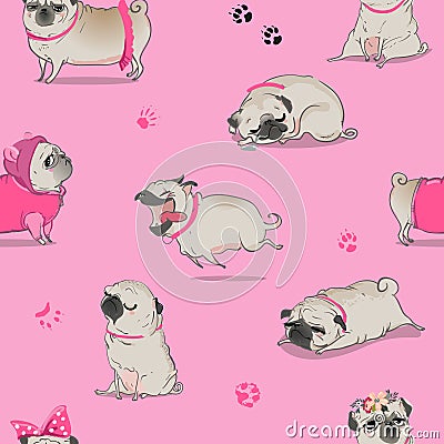 Seamless pattern with cute cartoon pug Vector Illustration