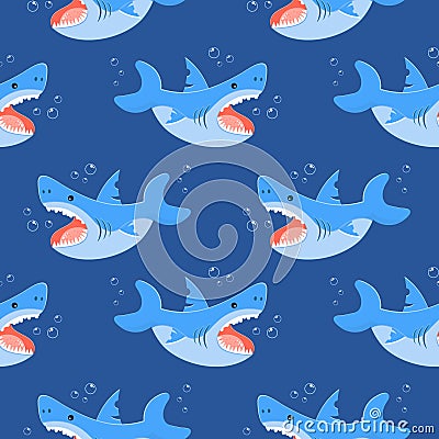 Seamless pattern, cute cartoon sharks and bubbles on a blue sea background. Print for children, background, textile, wallpaper Vector Illustration