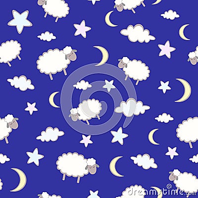 Seamless pattern with cute cartoon sheep, moon, clouds, stars Vector Illustration