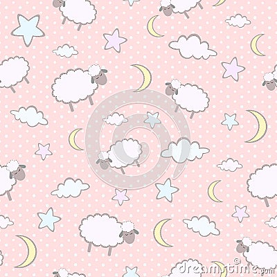 Seamless pattern with cute cartoon sheep, moon, clouds, stars Vector Illustration