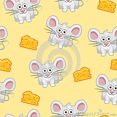 Seamless pattern Cute cartoon square grey mouse and cheese Vector Illustration