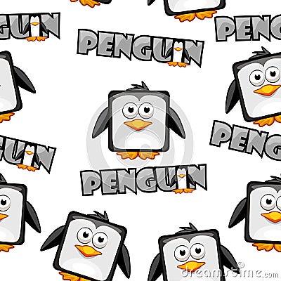 Seamless pattern Cute cartoon square penguin on white background. Vector Illustration