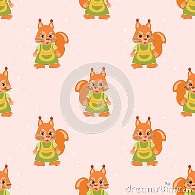 Seamless pattern, cute cartoon squirrel character wearing a housewife apron. Children's print, background, textile. Vector Illustration