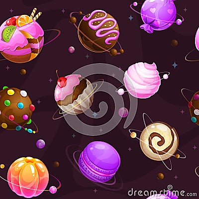 Seamless pattern with cute cartoon sweet planets on the space background. Vector Illustration