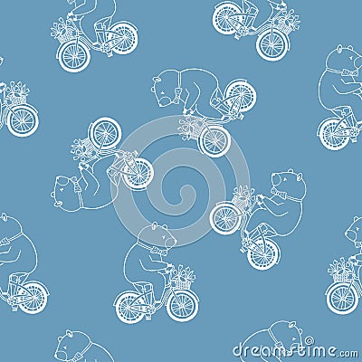 Seamless pattern with cute cartoon Teddy bear wearing bow tie and riding bike with basket full of tulip flowers hand Vector Illustration