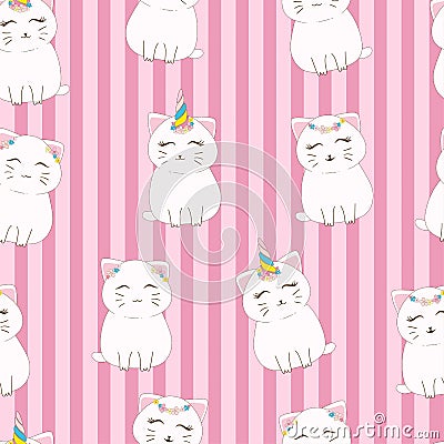 Seamless pattern cute cat with unicorn horn and flower crown Vector Illustration