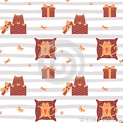 Seamless pattern with cute cats. The cat is sitting in a gift box with a bow, lying on a pillow. Textured striped Vector Illustration