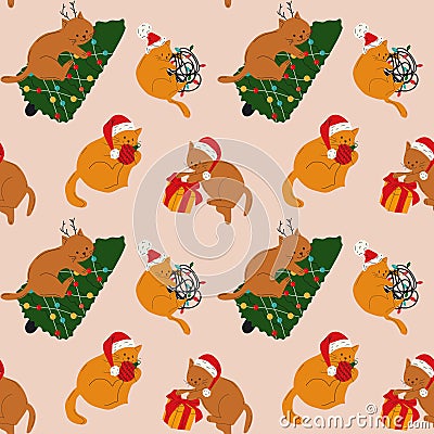 Seamless pattern with Cute cats with christmas decoration Vector Illustration