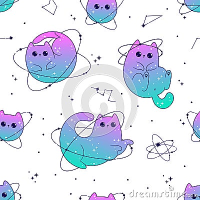 Seamless pattern with cute cats space celestial with stars and planets. Fantasy magical kawaii vector. Mystical nursery kitten Vector Illustration