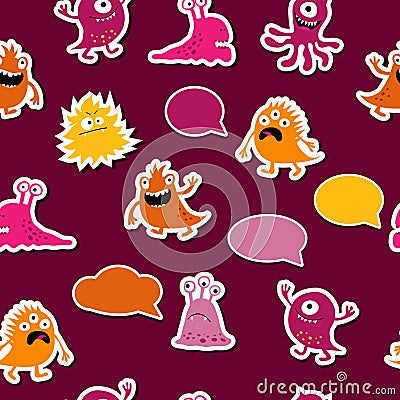 Seamless pattern with cute cheerful multi-colored monsters Vector Illustration