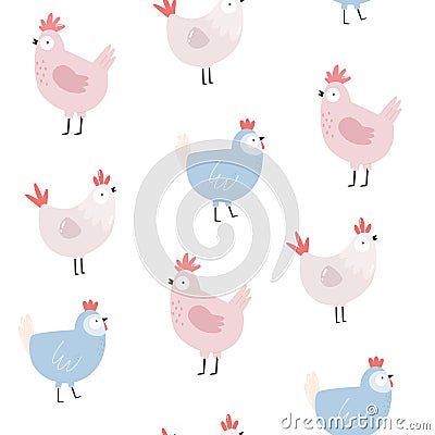 Seamless pattern with cute chickens, roosters for Easter holidays Vector Illustration