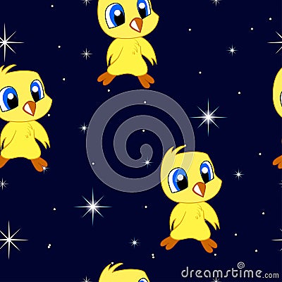 Seamless pattern of cute chicks on a background of the starry night sky Vector Illustration