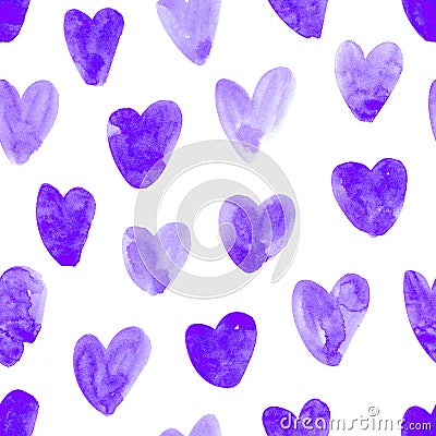 Seamless Pattern with Cute Childlike Watercolor Violet Hearts. Hand Drawn Paint Object for Graphic Design use. Abstract Brush Stock Photo