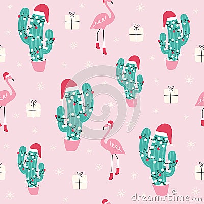 Seamless pattern with cute Christmas cactus. Vector Vector Illustration